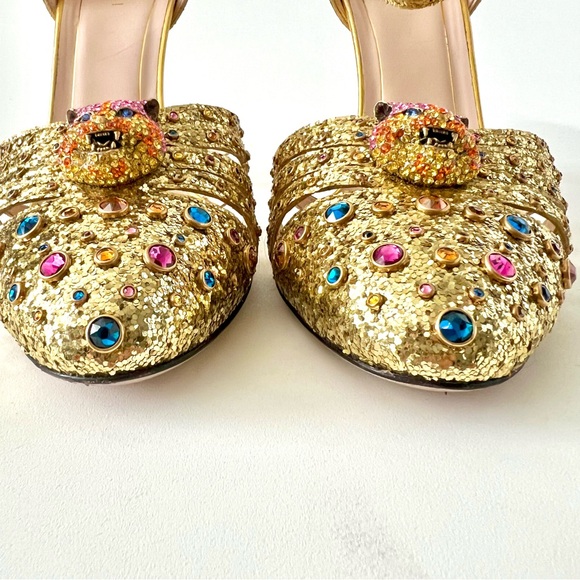 GUCCI || Crystal Tiger Head Gold Stone Embellished Heels Pumps EU 40.5 US 10.5 - Picture 9 of 16